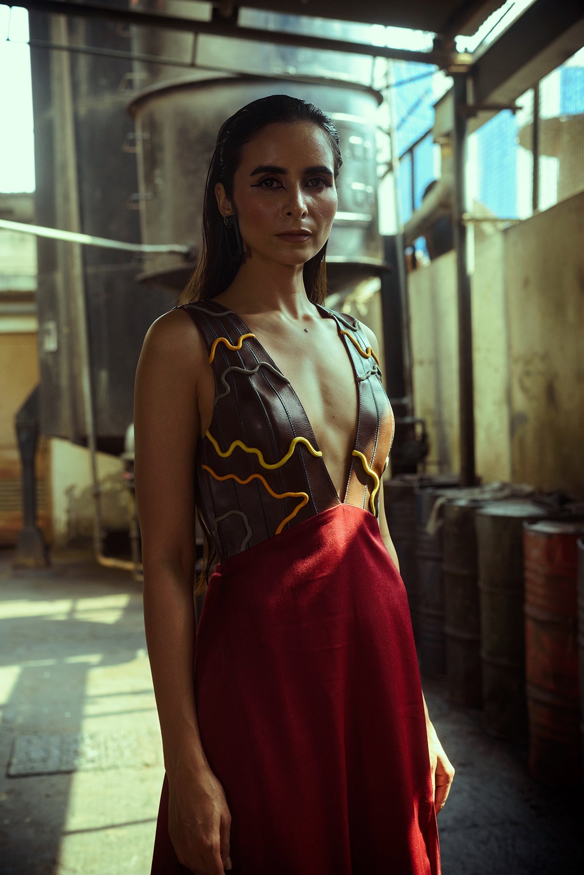 Low Neckline Leather Embroidered Gown - siddhantagrawal