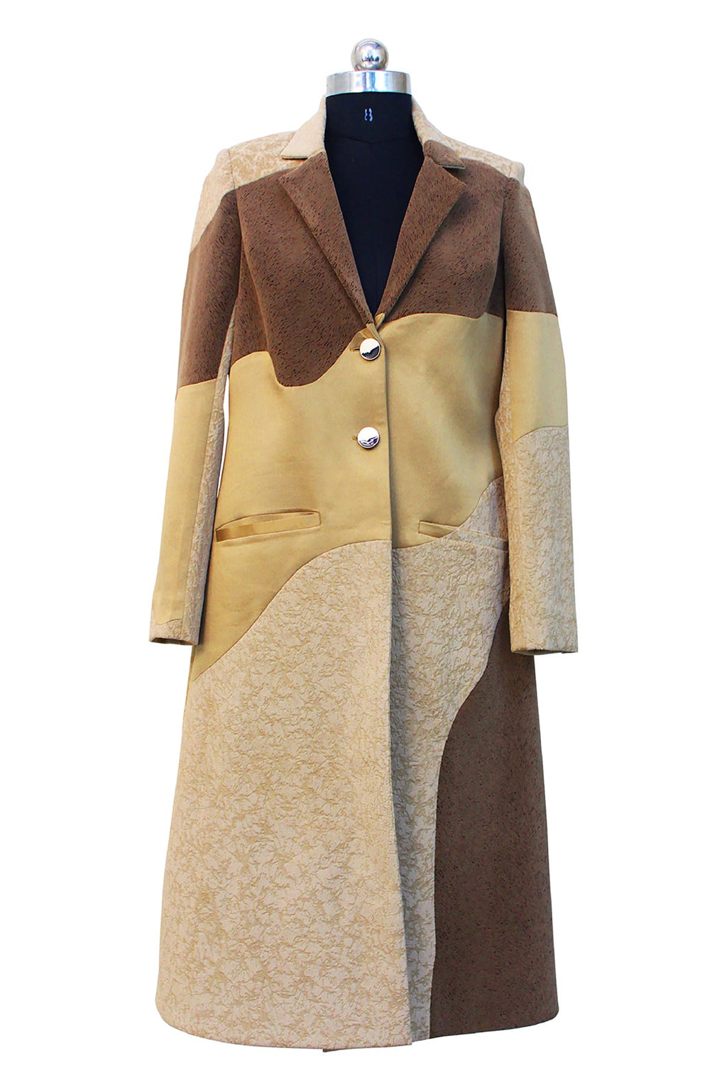 Velvet and Satin Beige Long Panelled Coat - siddhantagrawal