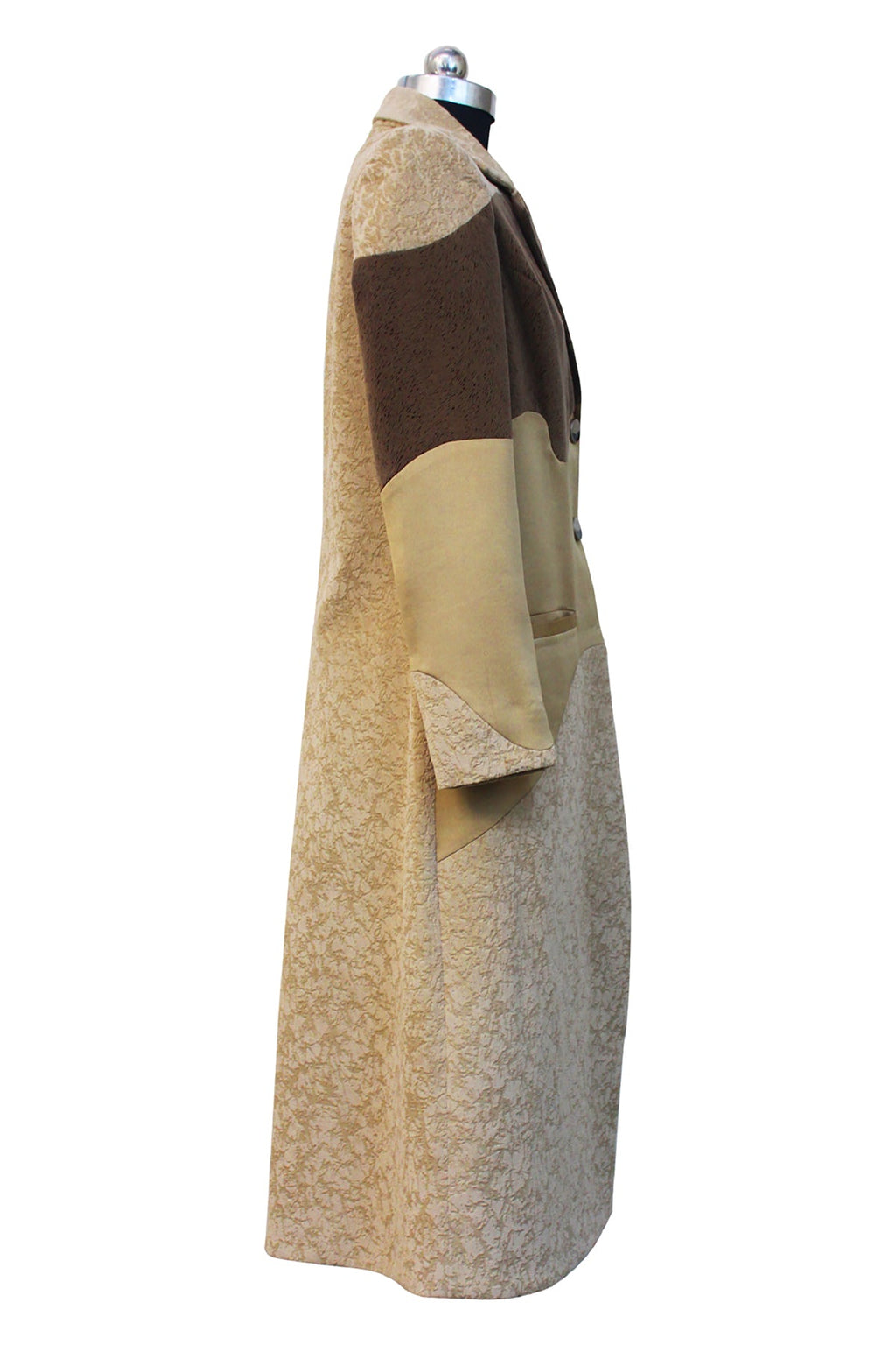 Velvet and Satin Beige Long Panelled Coat - siddhantagrawal