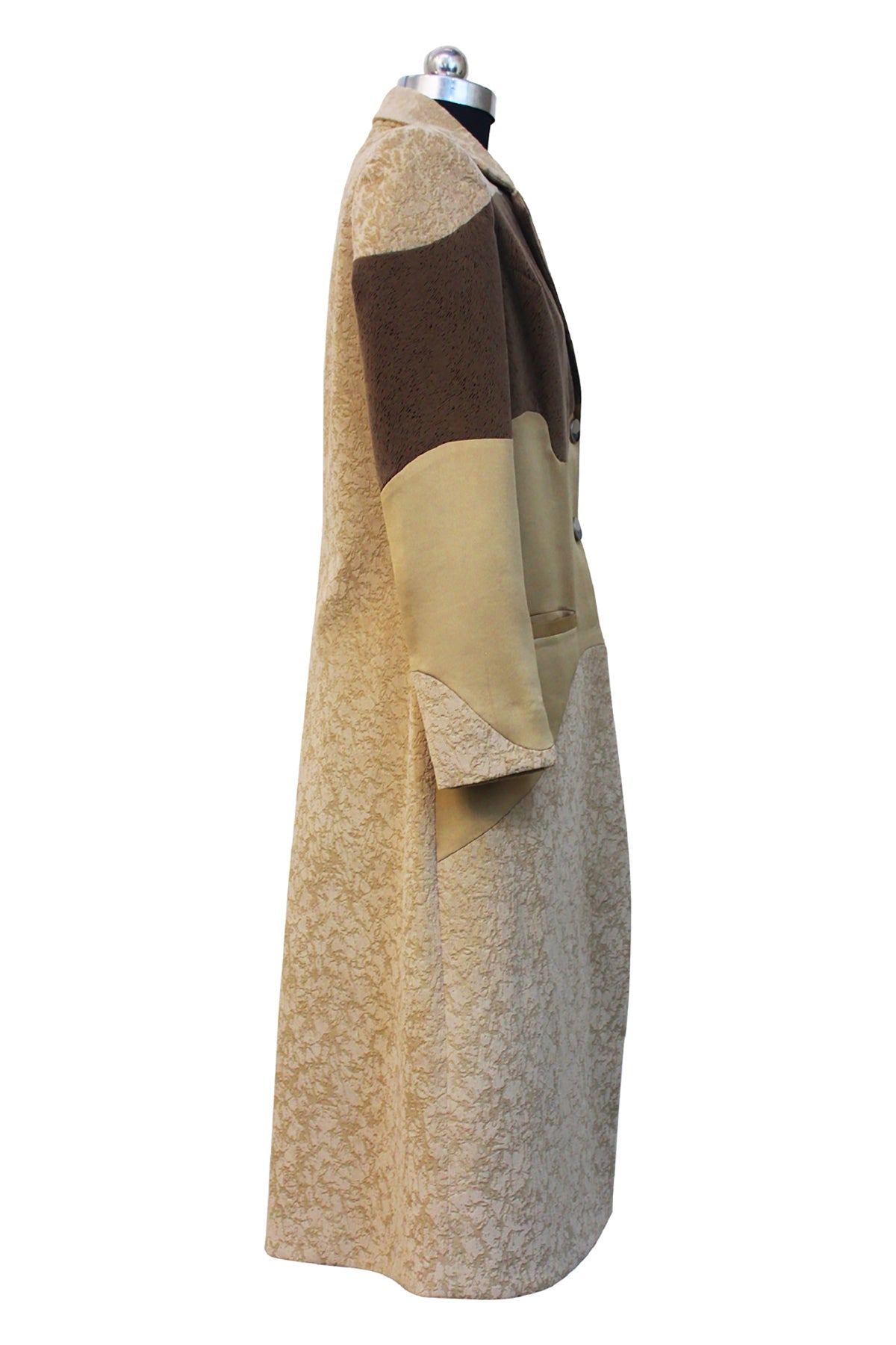 Velvet and Satin Beige Long Panelled Coat - siddhantagrawal