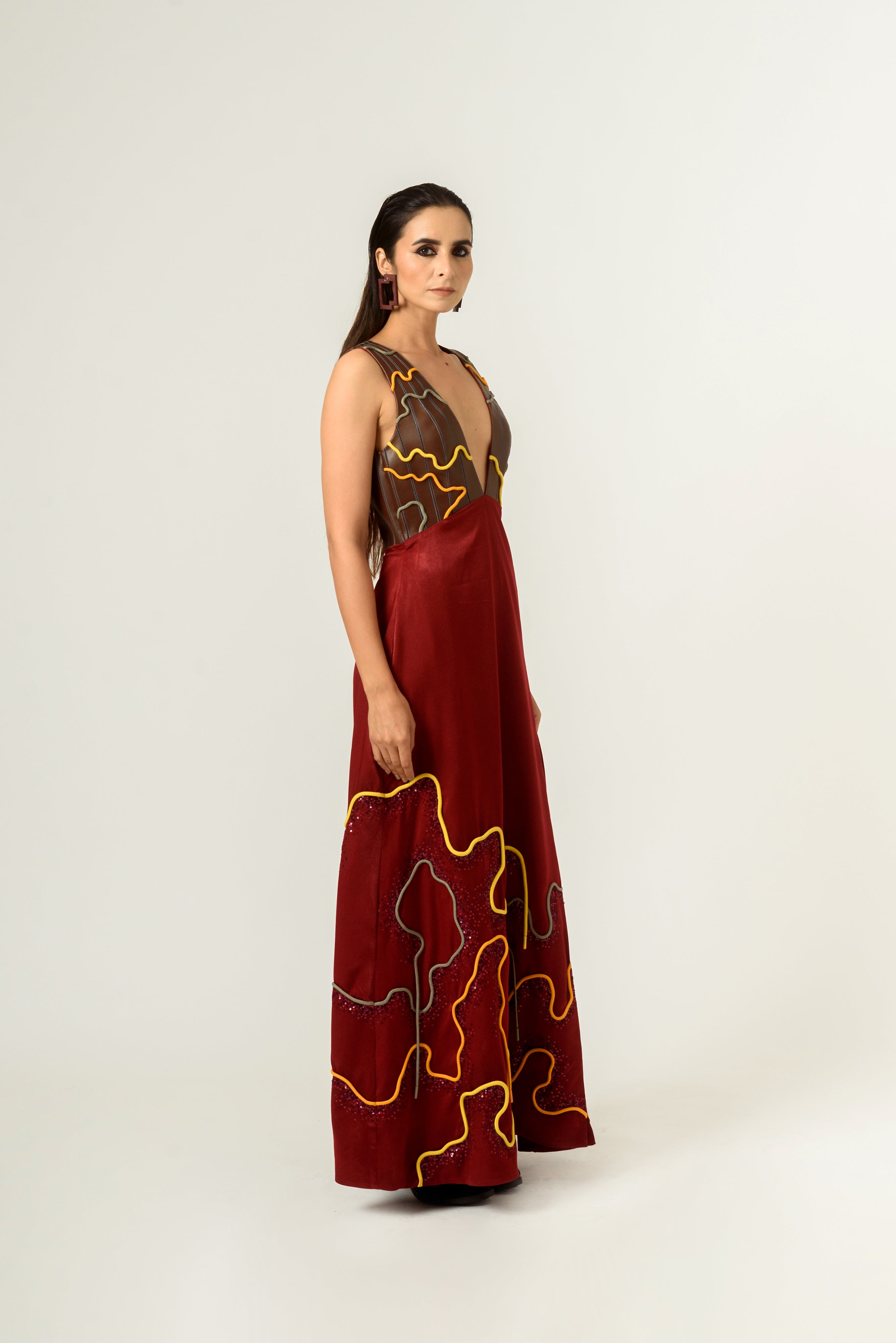 Low Neckline Leather Embroidered Gown - siddhantagrawal