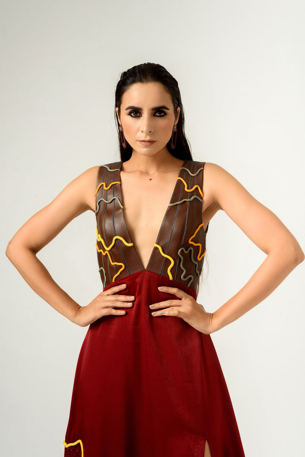 Low Neckline Leather Embroidered Gown - siddhantagrawal