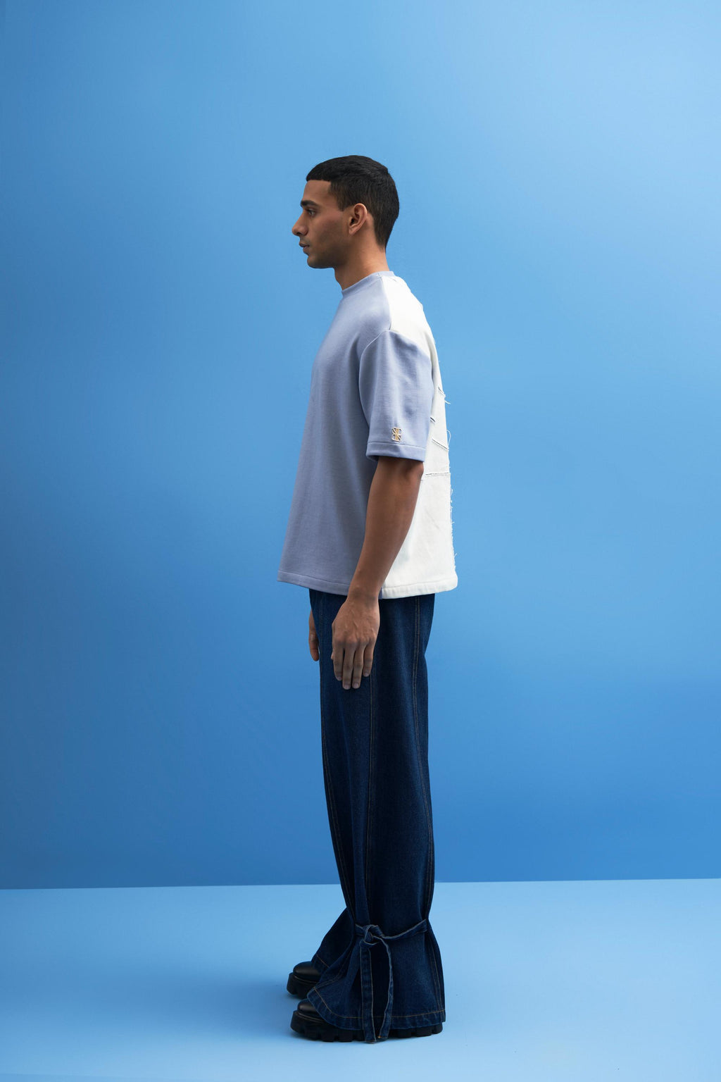 Steel Blue Shoji Patch Work T-Shirt - siddhantagrawal