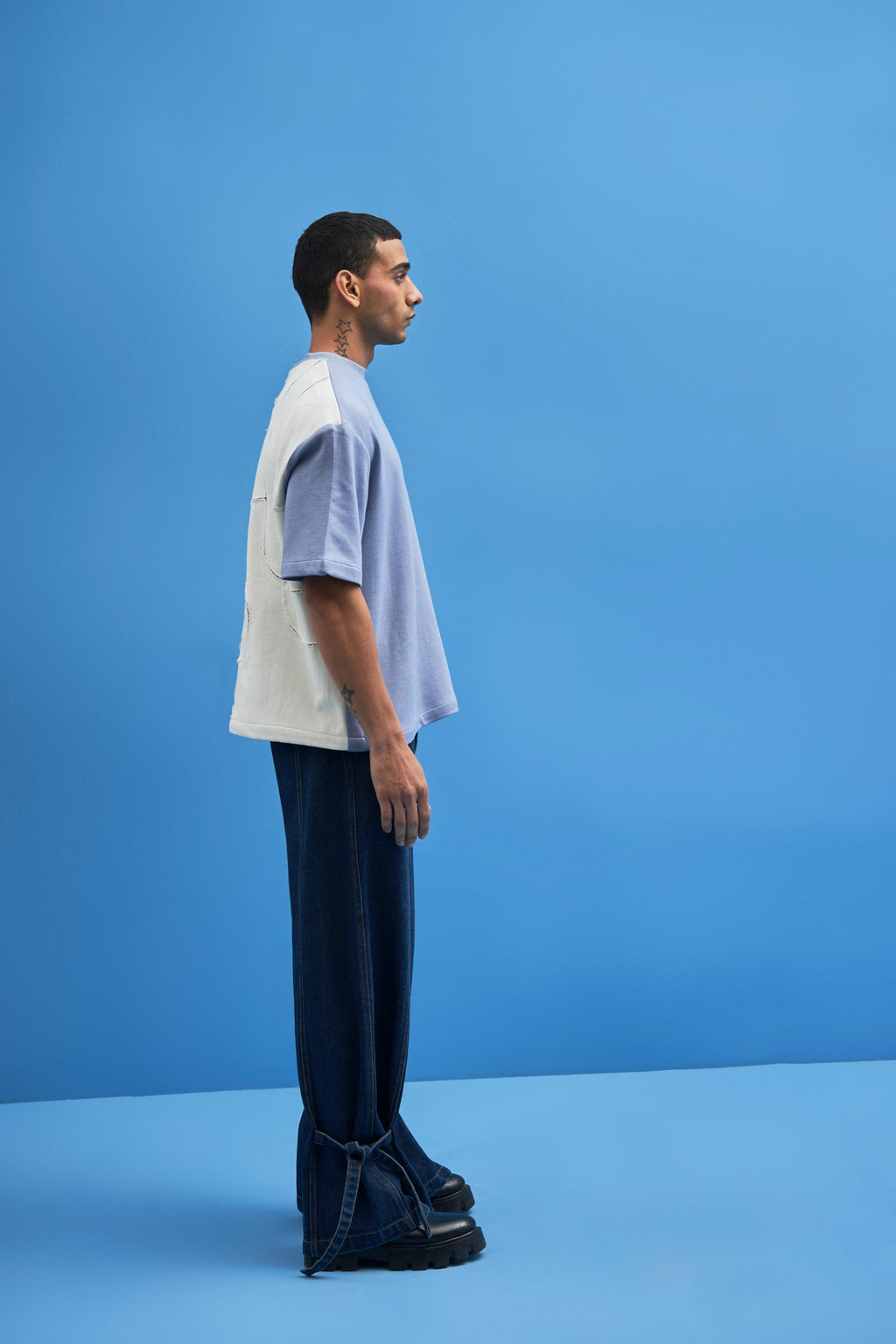 Steel Blue Shoji Patch Work T-Shirt - siddhantagrawal