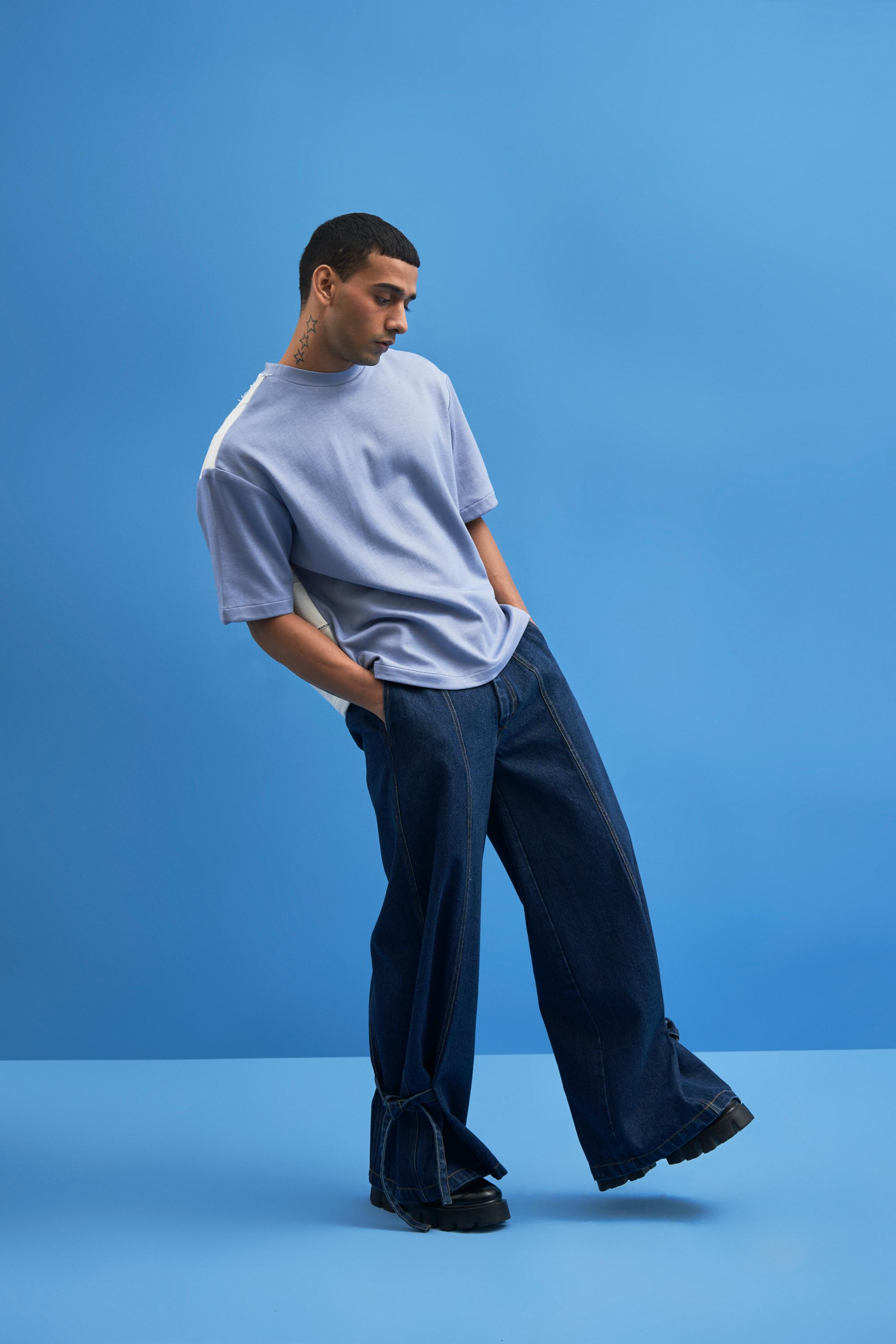 Steel Blue Shoji Patch Work T-Shirt - siddhantagrawal